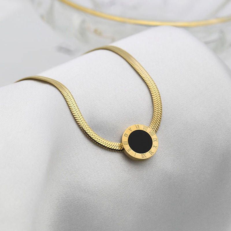 Golden Snake Chain Necklace with Black Round Pendant